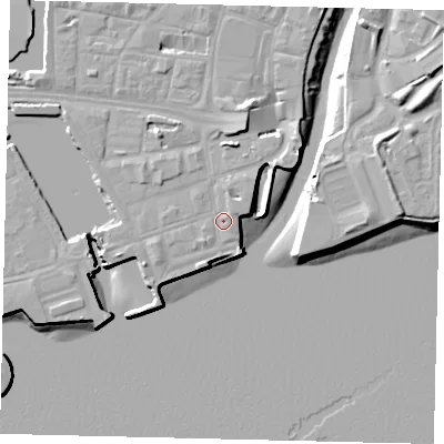 Shaded relief map of the ground around HU11TF, computed from Environment Agency LiDAR. The ground here sits at about 5 m above sea level and falls 10 m across the surrounding 800 m. Surface water reaching this point runs off ground lying to the west-south-west, 1.2 m higher.