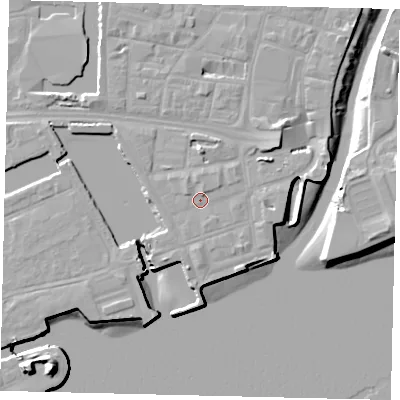 Shaded relief map of the ground around HU11TG, computed from Environment Agency LiDAR. The ground here sits at about 5 m above sea level and falls 16 m across the surrounding 800 m. Surface water reaching this point runs off ground lying to the north, 1.0 m higher.