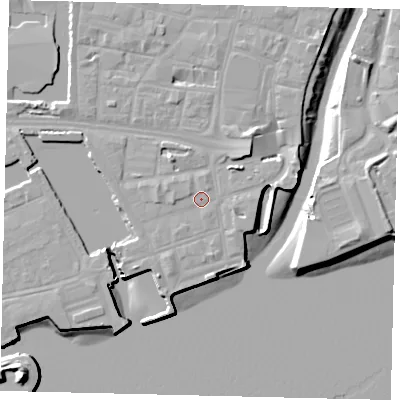 Shaded relief map of the ground around HU11TH, computed from Environment Agency LiDAR. The ground here sits at about 4 m above sea level and falls 16 m across the surrounding 800 m. Surface water reaching this point runs off ground lying to the west-north-west, 1.0 m higher.