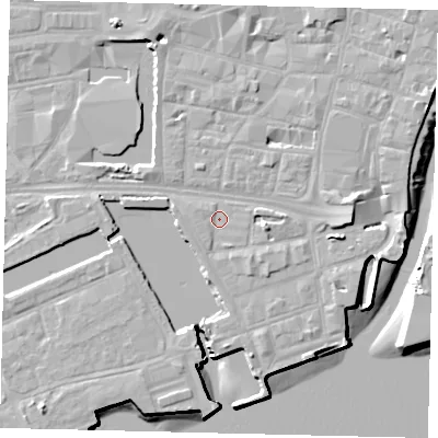 Shaded relief map of the ground around HU11TJ, computed from Environment Agency LiDAR. The ground here sits at about 4 m above sea level and falls 9 m across the surrounding 800 m. Surface water reaching this point runs off ground lying to the east, 2.9 m higher.