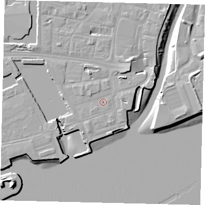 Shaded relief map of the ground around HU11TT, computed from Environment Agency LiDAR. The ground here sits at about 4 m above sea level and falls 16 m across the surrounding 800 m. Surface water reaching this point runs off ground lying to the north-west, 1.0 m higher.