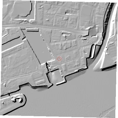 Shaded relief map of the ground around HU11UD, computed from Environment Agency LiDAR. The ground here sits at about 5 m above sea level and falls 16 m across the surrounding 800 m. The ground contributing surface water to this point lies to the south-east.