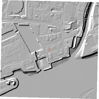 Shaded relief map of the ground around HU11UE, computed from Environment Agency LiDAR. The ground here sits at about 5 m above sea level and falls 16 m across the surrounding 800 m. The ground contributing surface water to this point lies to the east-north-east.