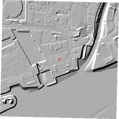 Shaded relief map of the ground around HU11UF, computed from Environment Agency LiDAR. The ground here sits at about 5 m above sea level and falls 16 m across the surrounding 800 m. Surface water reaching this point runs off ground lying to the west-north-west, 0.7 m higher.