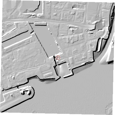 Shaded relief map of the ground around HU11UH, computed from Environment Agency LiDAR. The ground here sits at about 5 m above sea level and falls 16 m across the surrounding 800 m. Surface water reaching this point runs off ground lying to the south-west, 7.1 m higher.