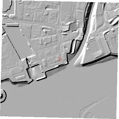 Shaded relief map of the ground around HU11UJ, computed from Environment Agency LiDAR. The ground here sits at about 5 m above sea level and falls 16 m across the surrounding 800 m. Surface water reaching this point runs off ground lying to the west-south-west, 1.2 m higher.