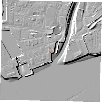 Shaded relief map of the ground around HU11UU, computed from Environment Agency LiDAR. The ground here sits at about 5 m above sea level and falls 10 m across the surrounding 800 m. Surface water reaching this point runs off ground lying to the north-east, 1.5 m higher.