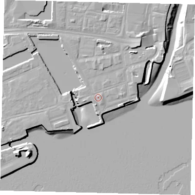 Shaded relief map of the ground around HU11UZ, computed from Environment Agency LiDAR. The ground here sits at about 5 m above sea level and falls 16 m across the surrounding 800 m. Surface water reaching this point runs off ground lying to the west-south-west, 1.4 m higher.