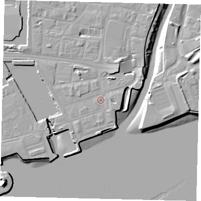 Shaded relief map of the ground around HU11XA, computed from Environment Agency LiDAR. The ground here sits at about 5 m above sea level and falls 16 m across the surrounding 800 m. Surface water reaching this point runs off ground lying to the west-north-west, 1.0 m higher.