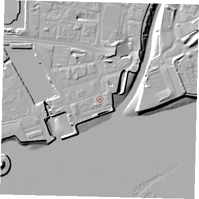 Shaded relief map of the ground around HU11XD, computed from Environment Agency LiDAR. The ground here sits at about 5 m above sea level and falls 16 m across the surrounding 800 m. Surface water reaching this point runs off ground lying to the west-south-west, 1.2 m higher.