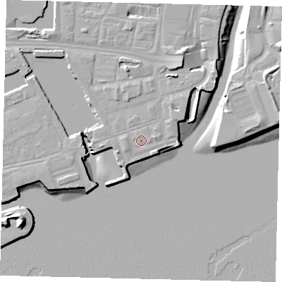 Shaded relief map of the ground around HU11XE, computed from Environment Agency LiDAR. The ground here sits at about 5 m above sea level and falls 16 m across the surrounding 800 m. Surface water reaching this point runs off ground lying to the west-south-west, 1.1 m higher.