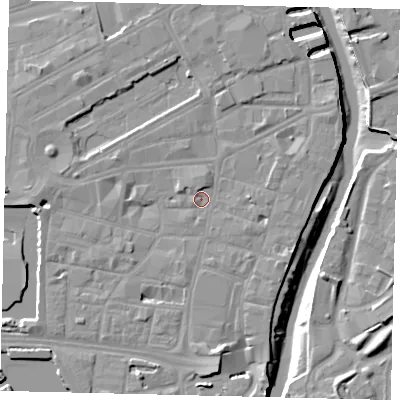 Shaded relief map of the ground around HU11XW, computed from Environment Agency LiDAR. The ground here sits at about 4 m above sea level and falls 10 m across the surrounding 800 m. Surface water reaching this point runs off ground lying to the south, 5.0 m higher.