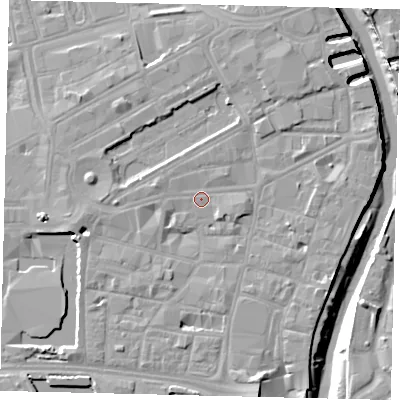 Shaded relief map of the ground around HU11YA, computed from Environment Agency LiDAR. The ground here sits at about 4 m above sea level and falls 9 m across the surrounding 800 m. Surface water reaching this point runs off ground lying to the south-south-east, 5.0 m higher.