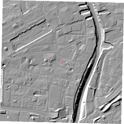 Shaded relief map of the ground around HU11YG, computed from Environment Agency LiDAR. The ground here sits at about 4 m above sea level and falls 10 m across the surrounding 800 m. Surface water reaching this point runs off ground lying to the south, 5.0 m higher.