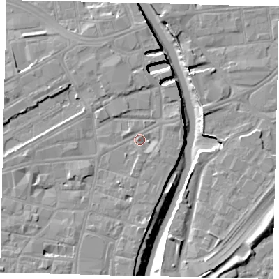 Shaded relief map of the ground around HU11YJ, computed from Environment Agency LiDAR. The ground here sits at about 4 m above sea level and falls 11 m across the surrounding 800 m. Surface water reaching this point runs off ground lying to the north-north-west, 2.8 m higher.