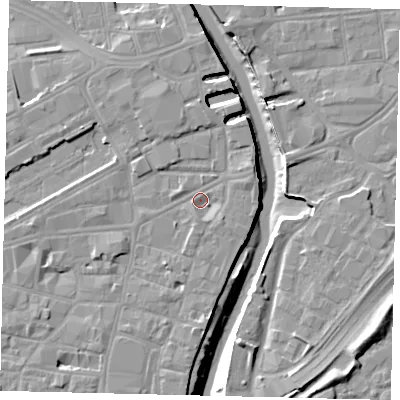 Shaded relief map of the ground around HU11YR, computed from Environment Agency LiDAR. The ground here sits at about 4 m above sea level and falls 11 m across the surrounding 800 m. Surface water reaching this point runs off ground lying to the north-north-west, 2.8 m higher.