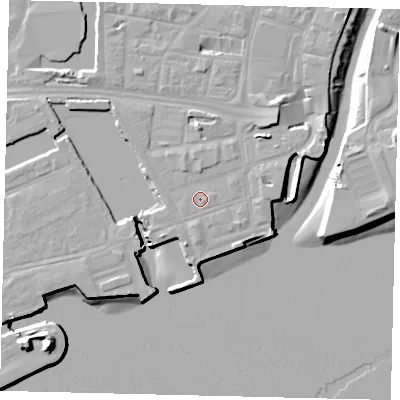 Shaded relief map of the ground around HU11ZA, computed from Environment Agency LiDAR. The ground here sits at about 5 m above sea level and falls 16 m across the surrounding 800 m. Surface water reaching this point runs off ground lying to the east-south-east, 0.6 m higher.