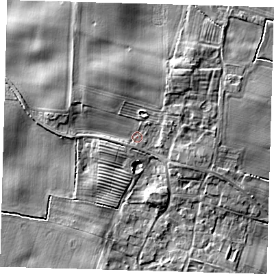 Shaded relief map of the ground around HU120AL, computed from Environment Agency LiDAR. The ground here sits at about 5 m above sea level and falls 8 m across the surrounding 800 m. Surface water reaching this point runs off ground lying to the north-north-east, 4.2 m higher.