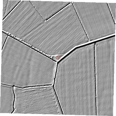 Shaded relief map of the ground around HU120AP, computed from Environment Agency LiDAR. The ground here sits at about 3 m above sea level and falls 3 m across the surrounding 800 m. Surface water reaching this point runs off ground lying to the east, 1.6 m higher.