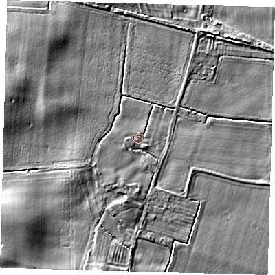 Shaded relief map of the ground around HU120BJ, computed from Environment Agency LiDAR. The ground here sits at about 7 m above sea level and falls 5 m across the surrounding 800 m. Surface water reaching this point runs off ground lying to the south, 2.0 m higher.