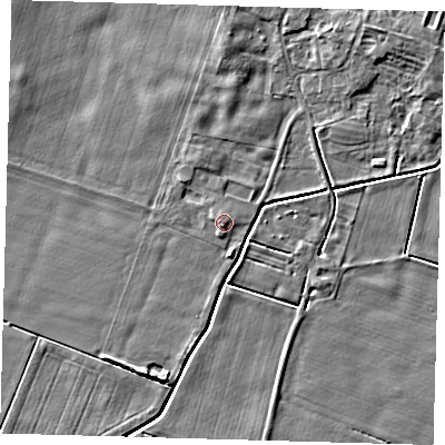 Shaded relief map of the ground around HU120DX, computed from Environment Agency LiDAR. The ground here sits at about 3 m above sea level and falls 5 m across the surrounding 800 m. Surface water reaching this point runs off ground lying to the south, 1.5 m higher.