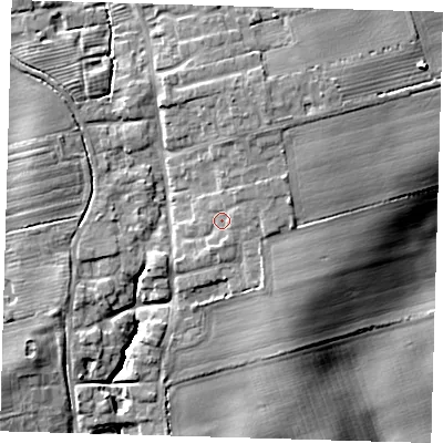 Shaded relief map of the ground around HU120HG, computed from Environment Agency LiDAR. The ground here sits at about 15 m above sea level and falls 13 m across the surrounding 800 m. Surface water reaching this point runs off ground lying to the north-north-east, 1.2 m higher.