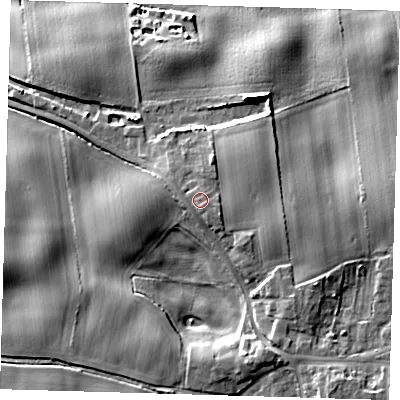 Shaded relief map of the ground around HU120NE, computed from Environment Agency LiDAR. The ground here sits at about 13 m above sea level and falls 14 m across the surrounding 800 m. Surface water reaching this point runs off ground lying to the south-south-east, 1.0 m higher.
