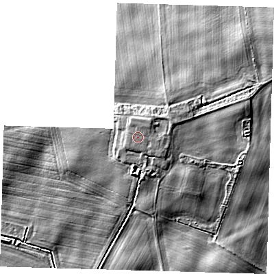Shaded relief map of the ground around HU120PR, computed from Environment Agency LiDAR. The ground here sits at about 8 m above sea level and falls 7 m across the surrounding 800 m. The ground contributing surface water to this point lies to the north-north-east.