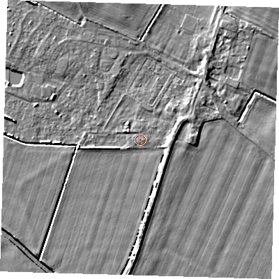 Shaded relief map of the ground around HU120QB, computed from Environment Agency LiDAR. The ground here sits at about 3 m above sea level and falls 5 m across the surrounding 800 m. Surface water reaching this point runs off ground lying to the east, 1.8 m higher.