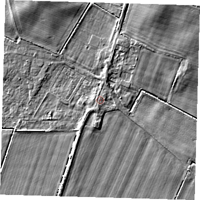 Shaded relief map of the ground around HU120QJ, computed from Environment Agency LiDAR. The ground here sits at about 3 m above sea level and falls 7 m across the surrounding 800 m. Surface water reaching this point runs off ground lying to the north-north-east, 0.8 m higher.