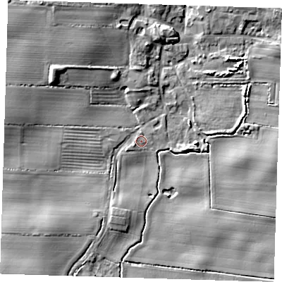 Shaded relief map of the ground around HU120SW, computed from Environment Agency LiDAR. The ground here sits at about 4 m above sea level and falls 12 m across the surrounding 800 m. Surface water reaching this point runs off ground lying to the south-west, 1.3 m higher.