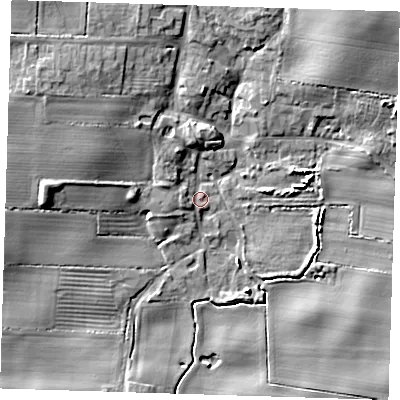 Shaded relief map of the ground around HU120TS, computed from Environment Agency LiDAR. The ground here sits at about 5 m above sea level and falls 12 m across the surrounding 800 m. Surface water reaching this point runs off ground lying to the west, 3.1 m higher.