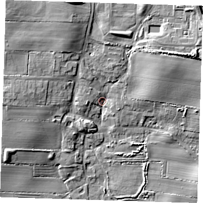 Shaded relief map of the ground around HU120TX, computed from Environment Agency LiDAR. The ground here sits at about 5 m above sea level and falls 14 m across the surrounding 800 m. Surface water reaching this point runs off ground lying to the north-north-west, 9.9 m higher.