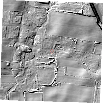 Shaded relief map of the ground around HU120TZ, computed from Environment Agency LiDAR. The ground here sits at about 4 m above sea level and falls 15 m across the surrounding 800 m. Surface water reaching this point runs off ground lying to the north-north-east, 9.8 m higher.