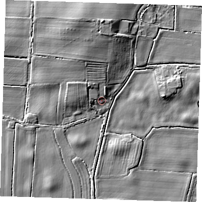 Shaded relief map of the ground around HU120UA, computed from Environment Agency LiDAR. The ground here sits at about 4 m above sea level and falls 8 m across the surrounding 800 m. Surface water reaching this point runs off ground lying to the north-west, 3.4 m higher.