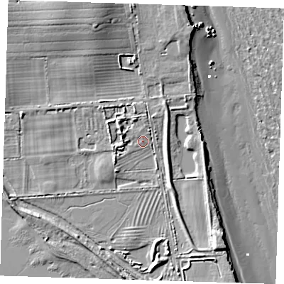 Shaded relief map of the ground around HU120UH, computed from Environment Agency LiDAR. The ground here sits at about 4 m above sea level and falls 14 m across the surrounding 800 m. Surface water reaching this point runs off ground lying to the north-north-east, 1.3 m higher.