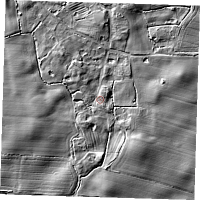 Shaded relief map of the ground around HU120UX, computed from Environment Agency LiDAR. The ground here sits at about 5 m above sea level and falls 7 m across the surrounding 800 m. Surface water reaching this point runs off ground lying to the south-west, 2.8 m higher.