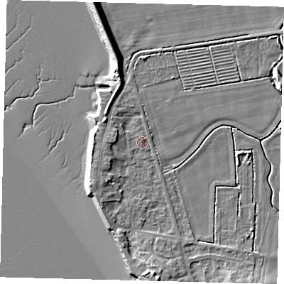 Shaded relief map of the ground around HU128AB, computed from Environment Agency LiDAR. The ground here sits at about 3 m above sea level and falls 10 m across the surrounding 800 m. Surface water reaching this point runs off ground lying to the south, 5.1 m higher.