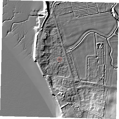Shaded relief map of the ground around HU128AD, computed from Environment Agency LiDAR. The ground here sits at about 3 m above sea level and falls 13 m across the surrounding 800 m. Surface water reaching this point runs off ground lying to the south, 5.1 m higher.