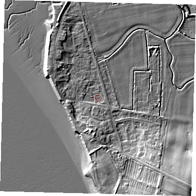 Shaded relief map of the ground around HU128AF, computed from Environment Agency LiDAR. The ground here sits at about 3 m above sea level and falls 15 m across the surrounding 800 m. Surface water reaching this point runs off ground lying to the south-south-west, 4.9 m higher.