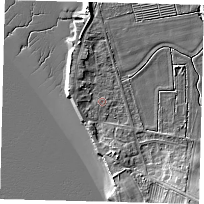 Shaded relief map of the ground around HU128AH, computed from Environment Agency LiDAR. The ground here sits at about 3 m above sea level and falls 14 m across the surrounding 800 m. Surface water reaching this point runs off ground lying to the west, 2.4 m higher.