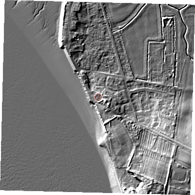 Shaded relief map of the ground around HU128AJ, computed from Environment Agency LiDAR. The ground here sits at about 5 m above sea level and falls 16 m across the surrounding 800 m. Surface water reaching this point runs off ground lying to the east-south-east, 2.7 m higher.