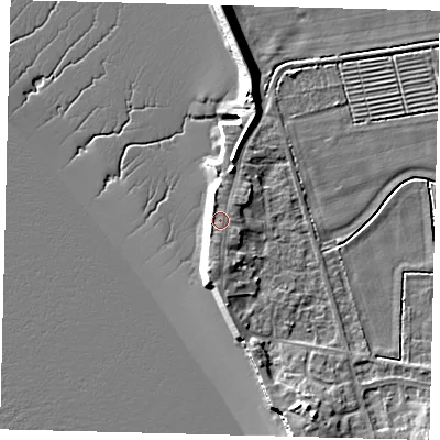 Shaded relief map of the ground around HU128AL, computed from Environment Agency LiDAR. The ground here sits at about 4 m above sea level and falls 10 m across the surrounding 800 m. Surface water reaching this point runs off ground lying to the south-south-west, 0.8 m higher.