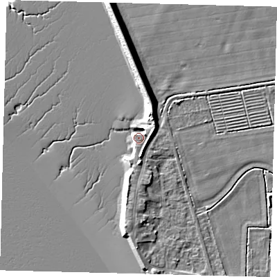 Shaded relief map of the ground around HU128AN, computed from Environment Agency LiDAR. The ground here sits at about 5 m above sea level and falls 10 m across the surrounding 800 m. Surface water reaching this point runs off ground lying to the east-north-east, 4.7 m higher.