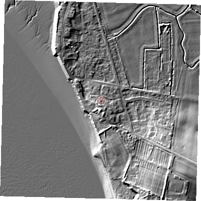 Shaded relief map of the ground around HU128AP, computed from Environment Agency LiDAR. The ground here sits at about 5 m above sea level and falls 16 m across the surrounding 800 m. Surface water reaching this point runs off ground lying to the south, 2.9 m higher.