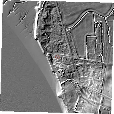 Shaded relief map of the ground around HU128AQ, computed from Environment Agency LiDAR. The ground here sits at about 4 m above sea level and falls 16 m across the surrounding 800 m. Surface water reaching this point runs off ground lying to the south-south-east, 4.4 m higher.