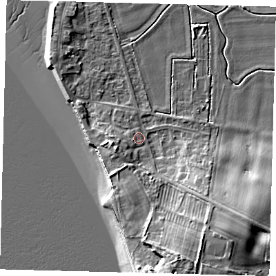 Shaded relief map of the ground around HU128AR, computed from Environment Agency LiDAR. The ground here sits at about 4 m above sea level and falls 16 m across the surrounding 800 m. Surface water reaching this point runs off ground lying to the west-south-west, 3.0 m higher.