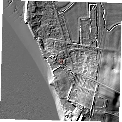 Shaded relief map of the ground around HU128AS, computed from Environment Agency LiDAR. The ground here sits at about 6 m above sea level and falls 19 m across the surrounding 800 m. Surface water reaching this point runs off ground lying to the west, 2.1 m higher.