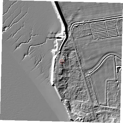 Shaded relief map of the ground around HU128AW, computed from Environment Agency LiDAR. The ground here sits at about 5 m above sea level and falls 10 m across the surrounding 800 m. Surface water reaching this point runs off ground lying to the south-south-west, 0.6 m higher.