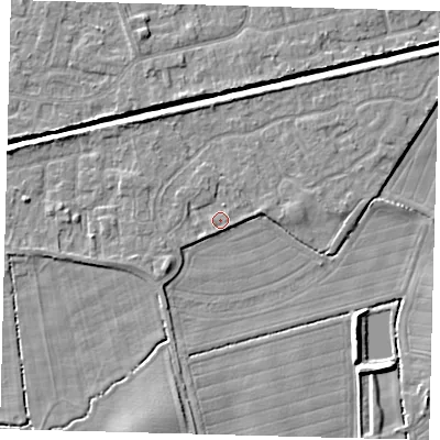 Shaded relief map of the ground around HU128BD, computed from Environment Agency LiDAR. The ground here sits at about 3 m above sea level and falls 6 m across the surrounding 800 m. Surface water reaching this point runs off ground lying to the north-east, 1.1 m higher.